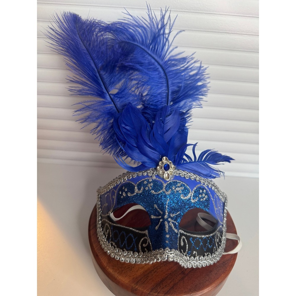Blue Silver Mardi Gras Masquerade Mask Feather Venetian‎ Style Costume Mask